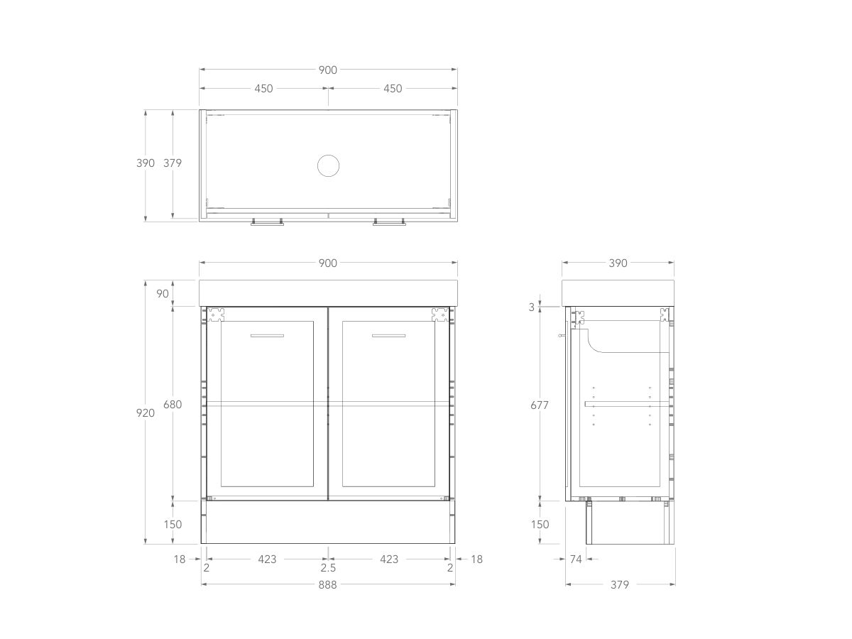 Technical Drawing - Kado Lux Ensuite All Door 900mm Floor Mount Centre Basin 90mm Top
