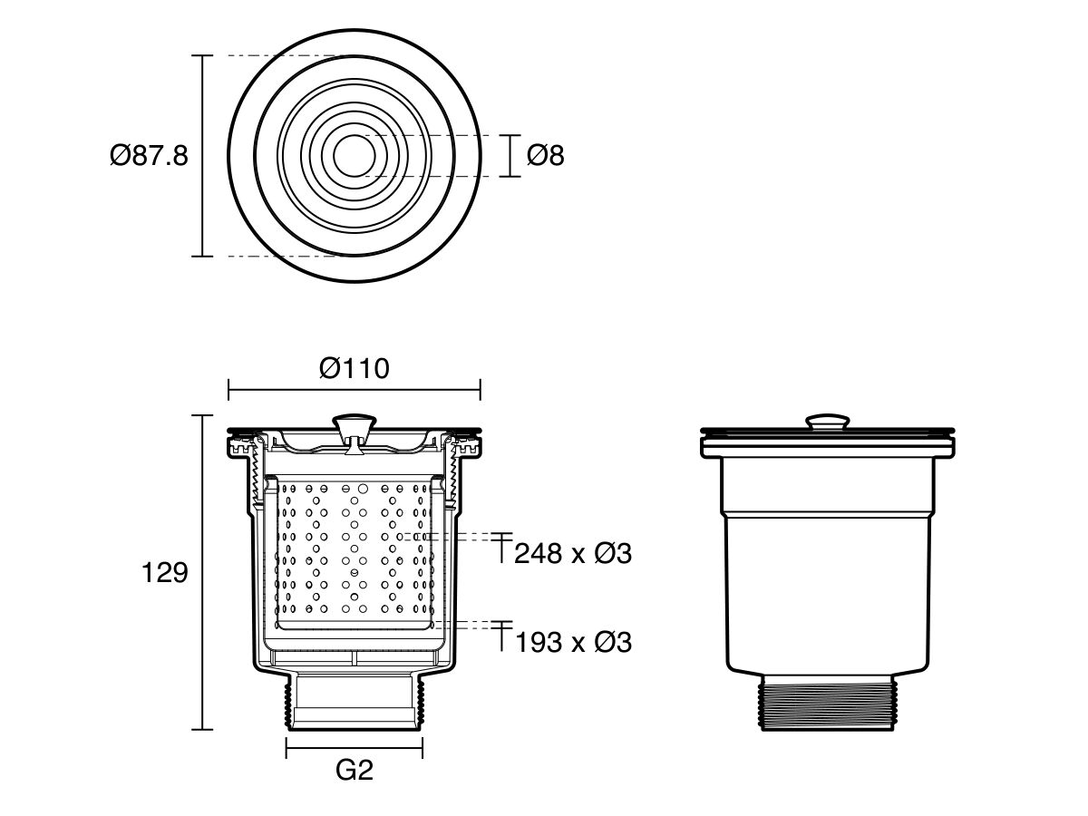 Technical Drawing - Wolfen Bucket Trap Sink Waste with 3mm Holes 90mm x 50mm Stainless Steel