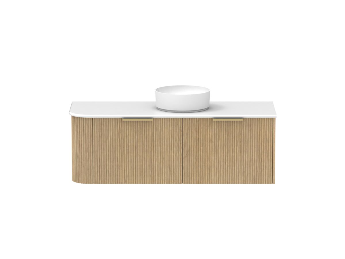 Supporting Image - Kado Neue Fluted Single Curve All Drawer 1350mm Wall Hung Vanity with Centre Basin 20mm Top Boston Oak