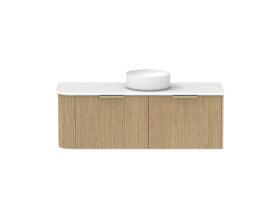 Supporting Image - Kado Neue Fluted Single Curve All Drawer 1350mm Wall Hung Vanity with Centre Basin 20mm Top Boston Oak
