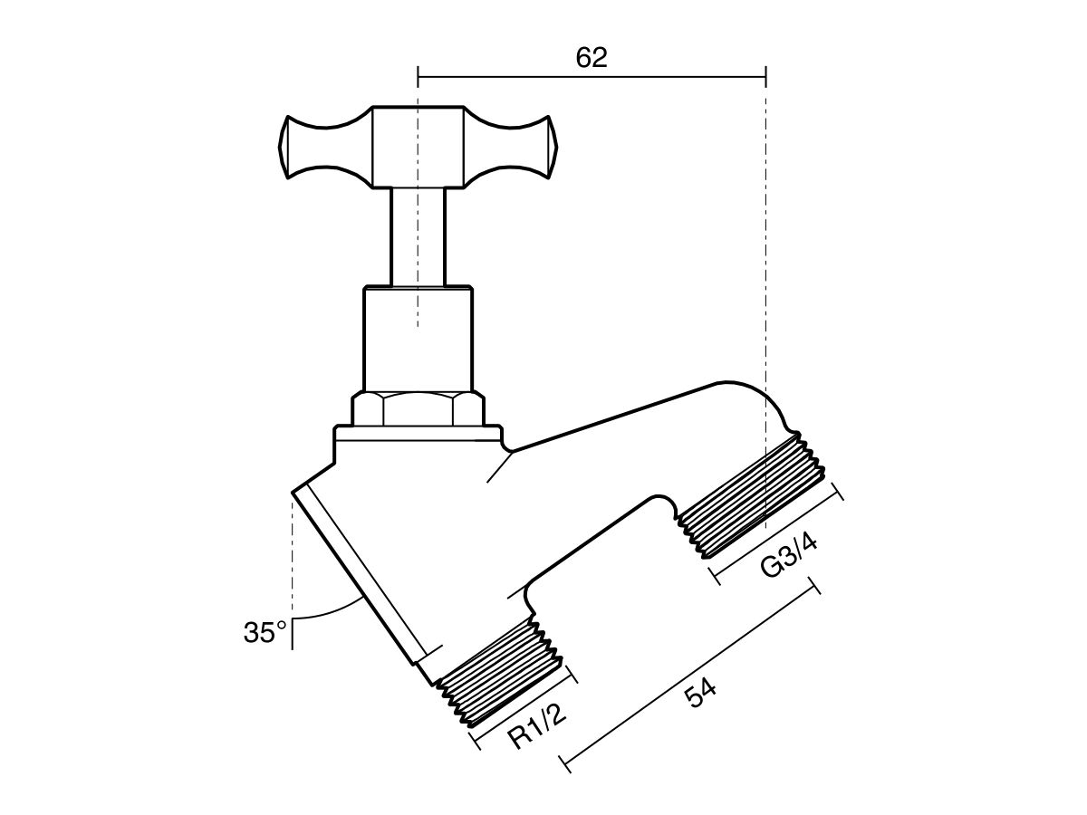 Technical Drawing - Dura Bib Hose Male Rough Brass Lugged 15mm Lead Free