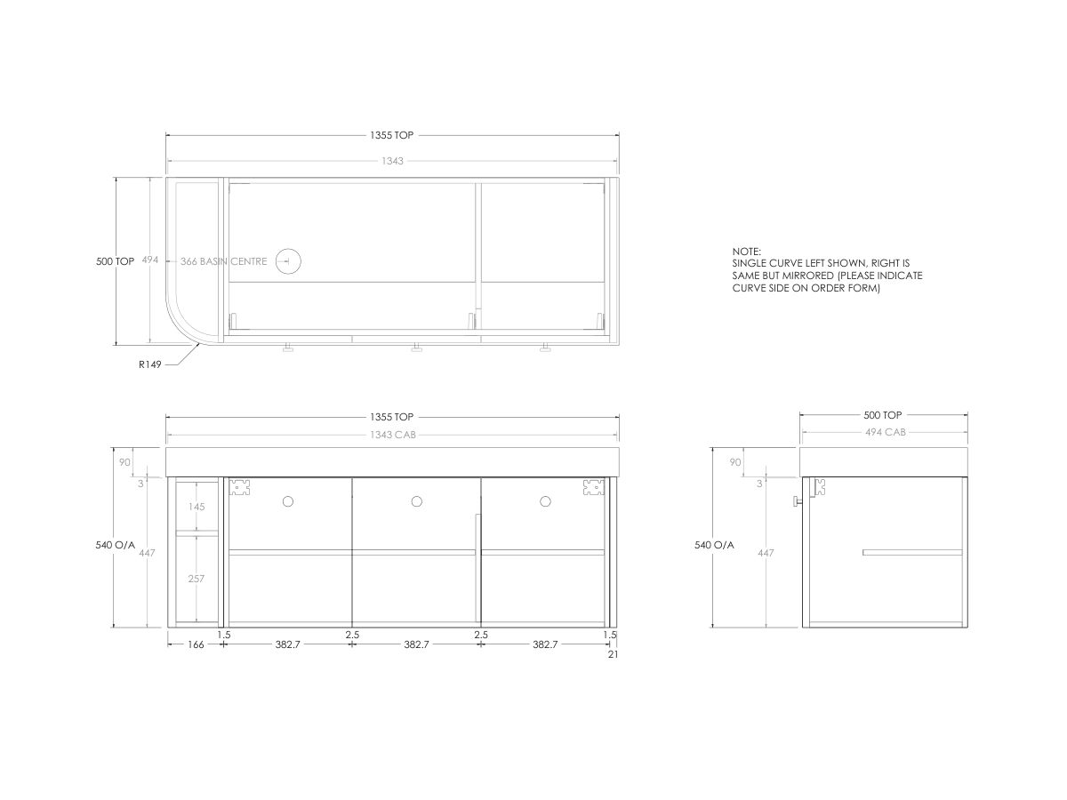 Technical Drawing - Kado Era Single Curve All Door 1350mm Wall Hung Vanity Left Hand Basin 90mm Durasein Top