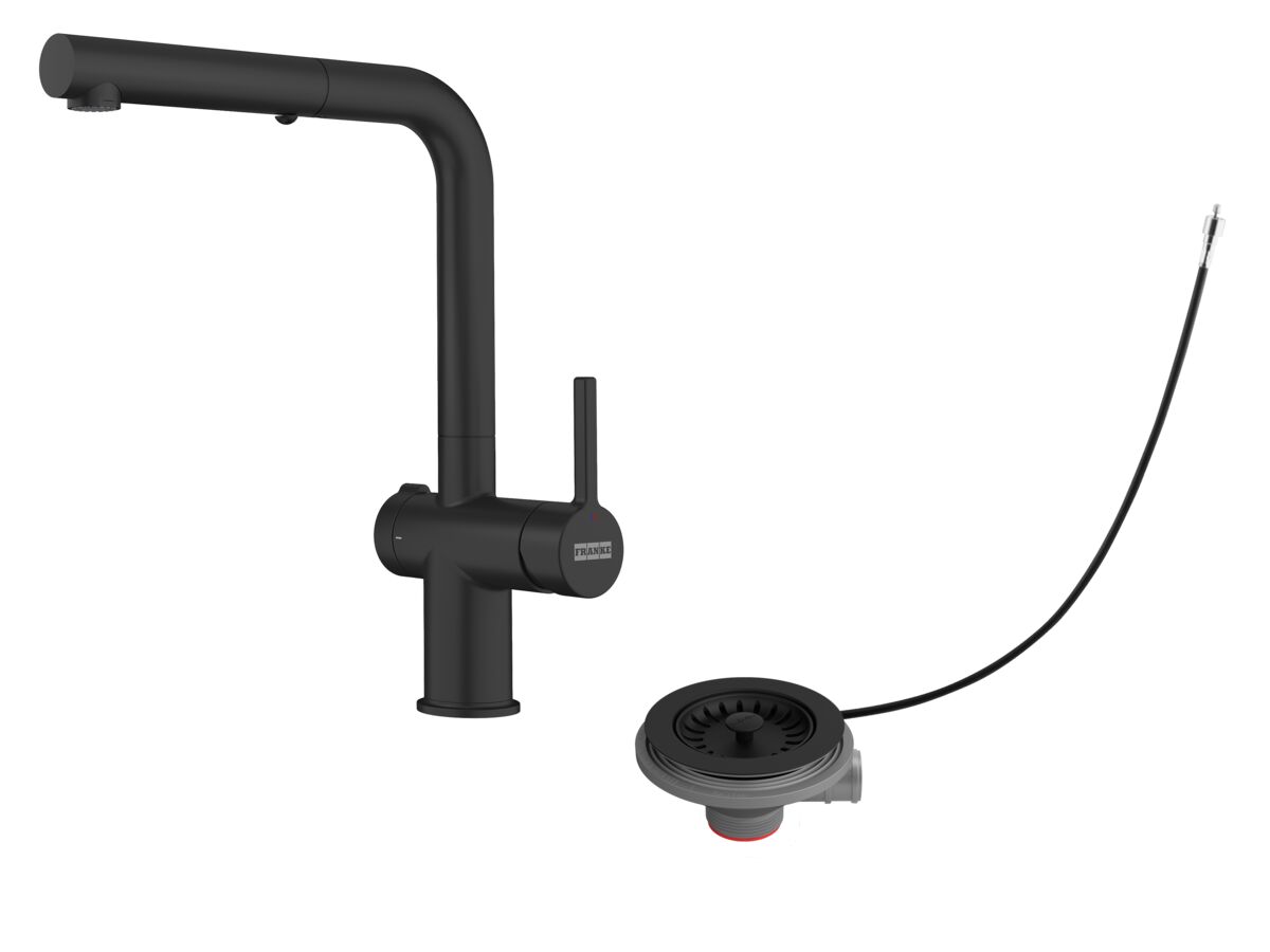Hero - Franke Active Twist Pull Out Sink Mixer Kit (Matte Black Tap with Matte Black Remote Overflow Waste) (5 Star) Lead Free