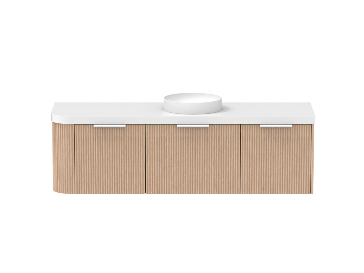 Supporting Image - Kado Neue Fluted Single Curve All Drawer 1650mm Wall Hung Vanity with Centre Basin Durasein 50mm Top Blonde Oak