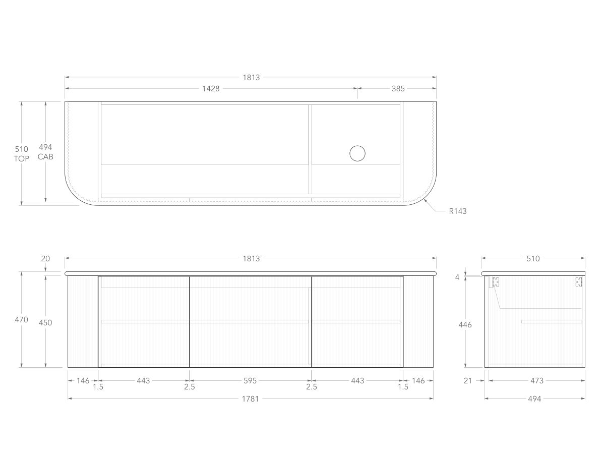 Technical Drawing - Kado Neue Fluted Double Curve All Door 1800mm Wall Hung Vanity with Right Hand Basin 20mm Top