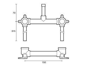 Technical Drawing - Ardent Shower Assembly 150mm Centre 90mm DN15 Riser with 300mm Tails Bottom Entry Lead Free