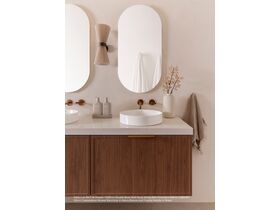 Kado Lux Slim All Drawer 1500mm Double Bowl Wall Hung vanity with Florentine Walnut cabinets, 50mm Caesarstone Mineral benchtop in Aterra Blanca and Francis handle in Brass