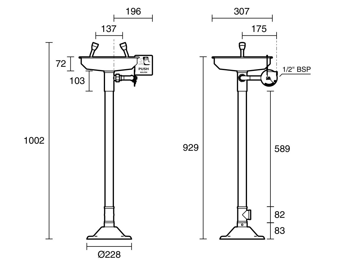 Technical Drawing - Wolfen Freestanding Safety Eye Wash Hand Operated Polished Stainless Steel