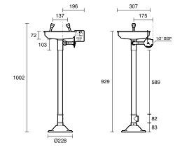 Technical Drawing - Wolfen Freestanding Safety Eye Wash Hand Operated Polished Stainless Steel