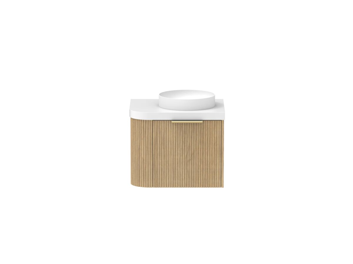 Supporting Image - Kado Neue Fluted Single Curve All Drawer 600mm Wall Hung Vanity with Centre Basin Durasein 50mm Top Boston Oak