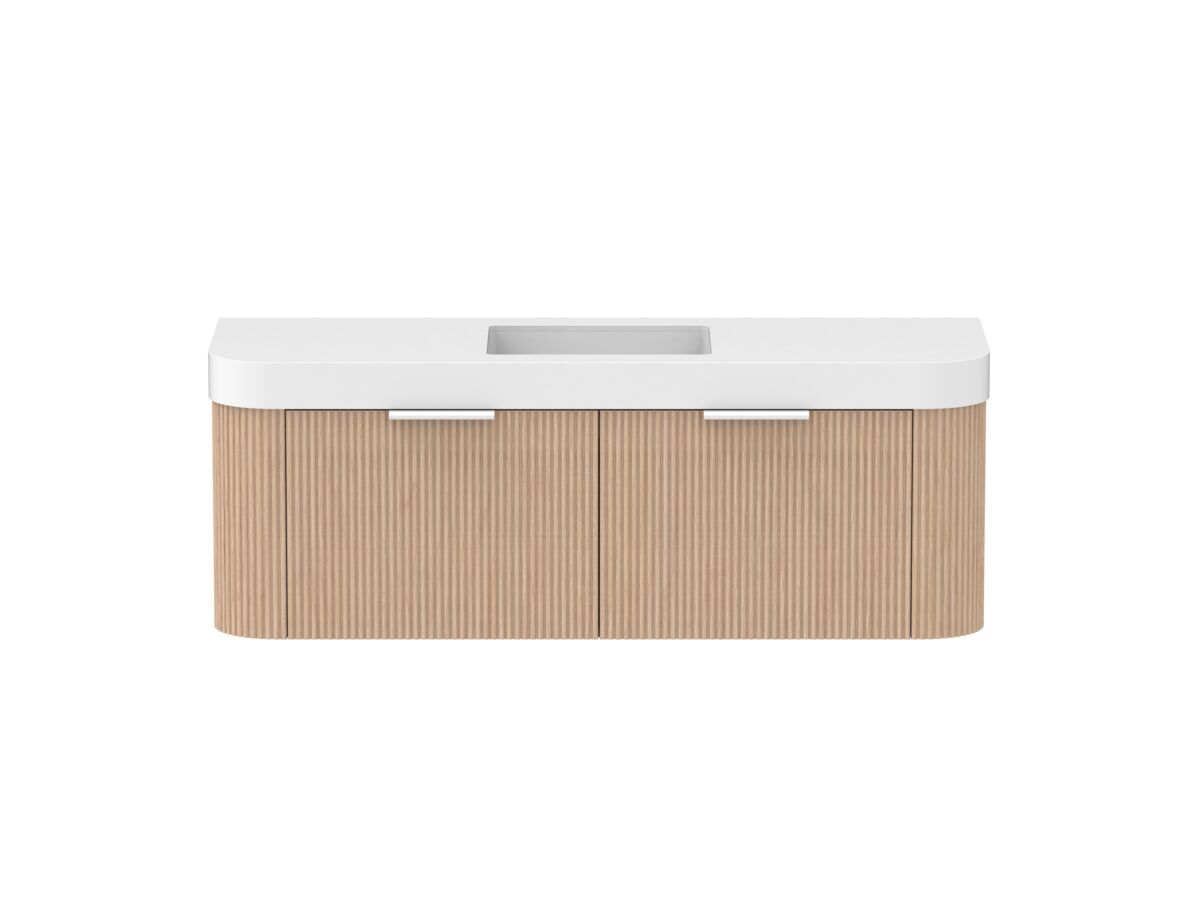Supporting Image - Kado Neue Fluted Double Curve All Drawer 1500mm Wall Hung Vanity with Centre Basin Durasein 90mm Top Blonde Oak