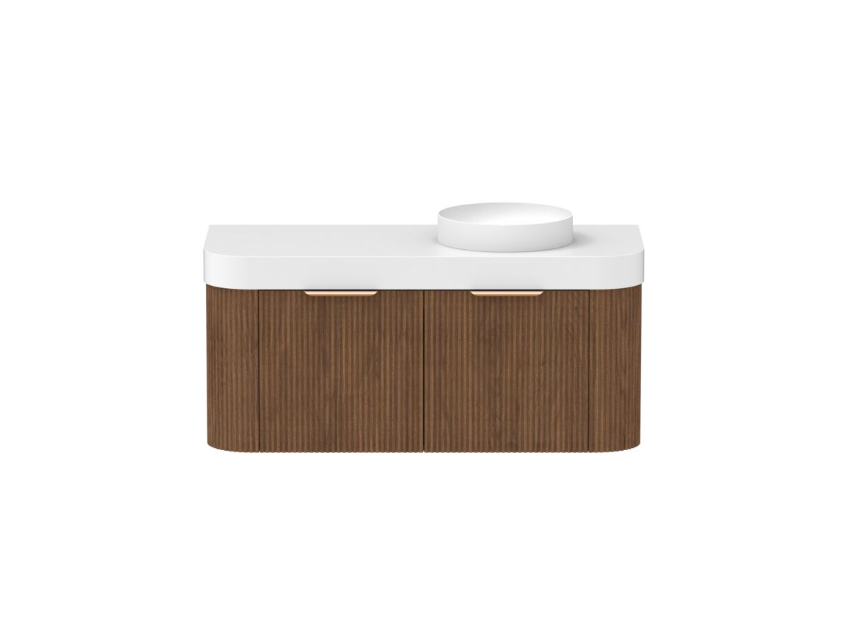 Hero - Kado Neue Fluted Double Curve All Drawer 1200mm Wall Hung Vanity with Right Hand Basin Durasein 90mm Top Florentine Walnut