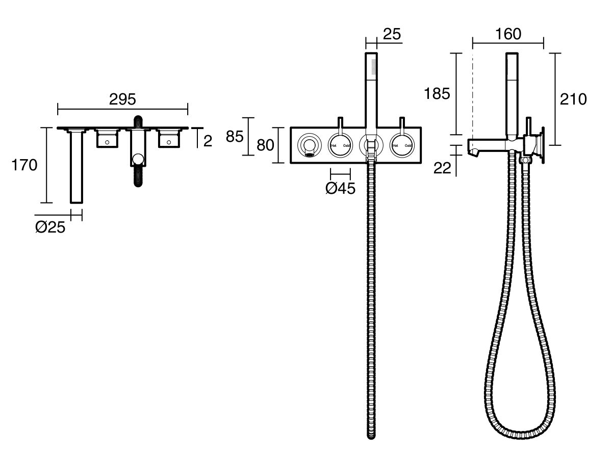 Sussex Scala Bath Mixer Tap System Straight 160mm Outlet Right Hand Operation with Handshower