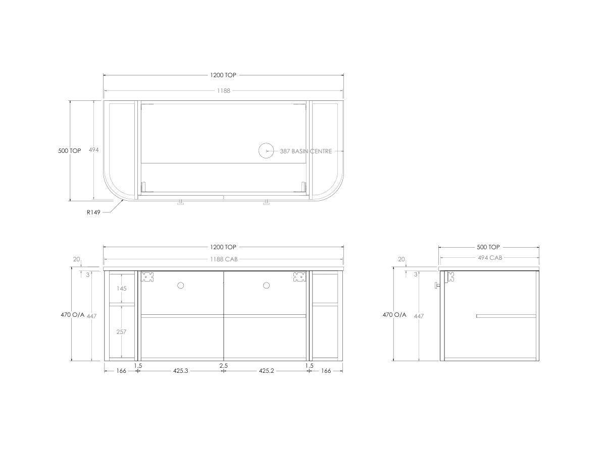 Technical Drawing - Kado Era Double Curve All Door 1200mm Wall Hung Vanity with Right Hand Basin 20mm Top