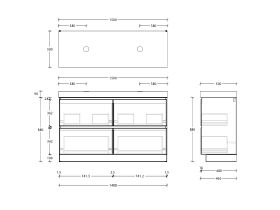 Technical Drawing - Posh Domaine All-Drawer Twin 1500mm Floor Mounted Vanity Unit Double Bowl 90mm Top