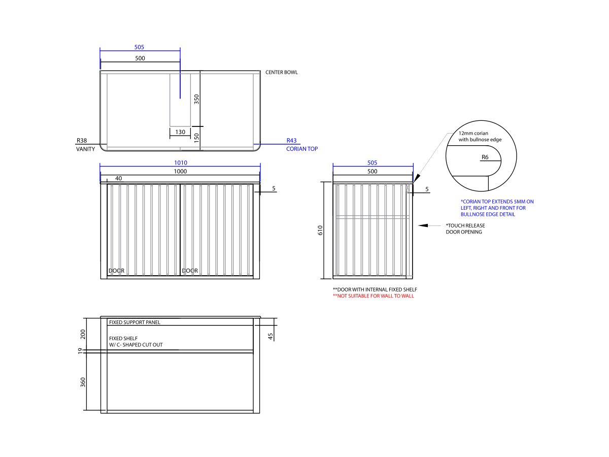 ISSY Cloud I 1000mm x 500mm x 610mm Wall Hung Vanity Unit 2 Touch Latch Doors Semi Inset (No Basin)