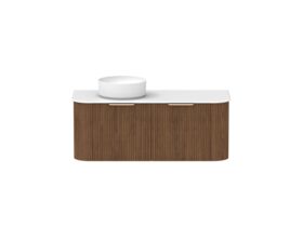 Hero - Kado Neue Fluted Double Curve All Drawer 1200 Wall Hung Vanity with Left Hand Basin Durasein 12mm Top Florentine Walnut