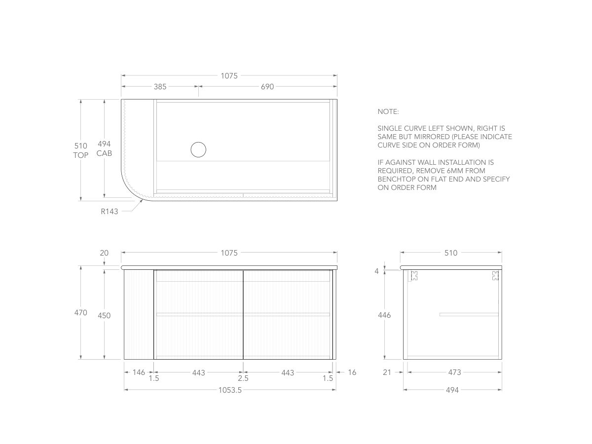 Technical Drawing - Kado Neue Fluted Single Curve All Door 1050mm Wall Hung Vanity with Left Hand Basin 20mm Top