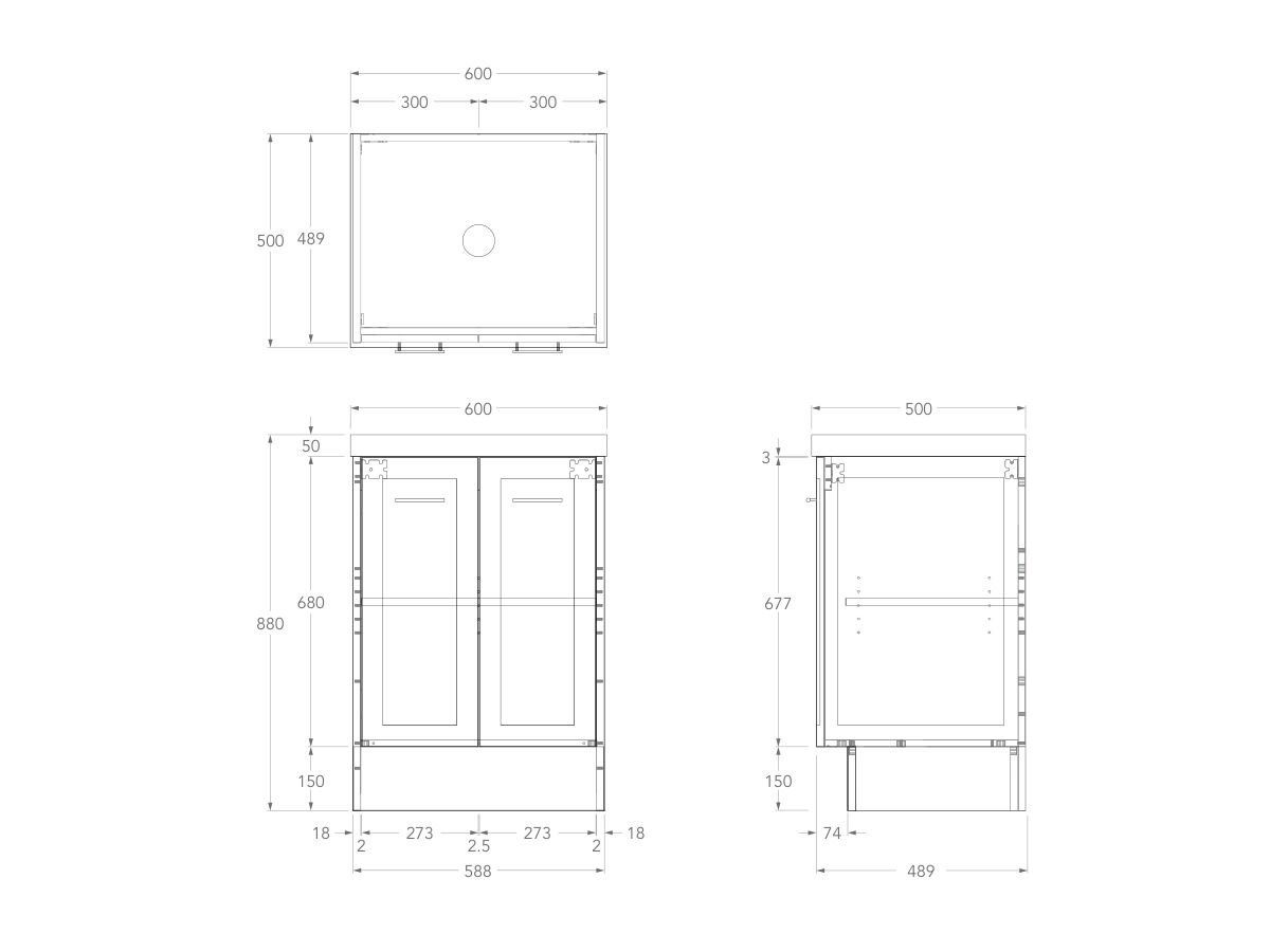 Technical Drawing - Kado Lux All Door 600mm Centre Bowl Floor Mount 50mm Top