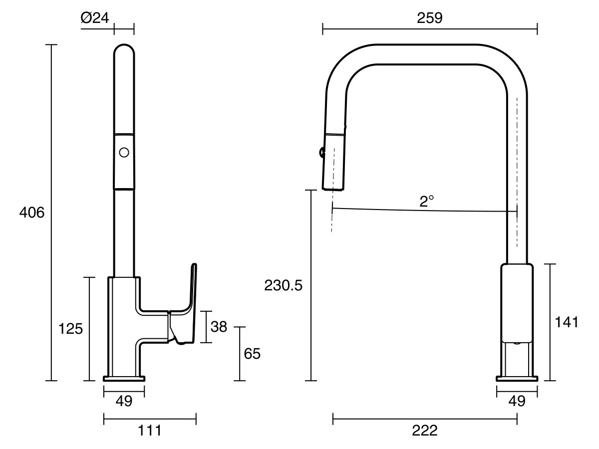 Technical Drawing - Mizu Bloc Pull Out Sink Mixer