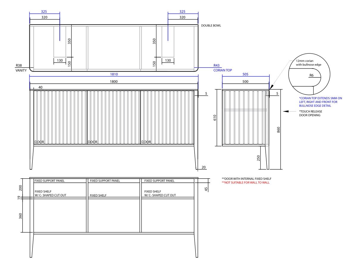 ISSY Cloud I 1800mm x 500mm x 860mm Vanity Unit with Legs 3 Touch Latch Doors Semi Inset (No Basin)
