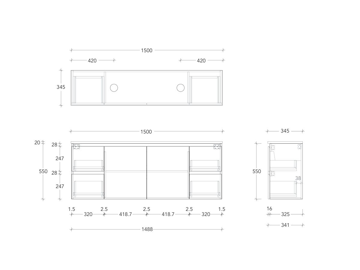 Technical Drawing - Posh Domaine Ensuite 1500mm Wall Hung Vanity Double Basin 20mm Top