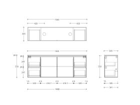 Technical Drawing - Posh Domaine Ensuite 1500mm Wall Hung Vanity Double Basin 20mm Top
