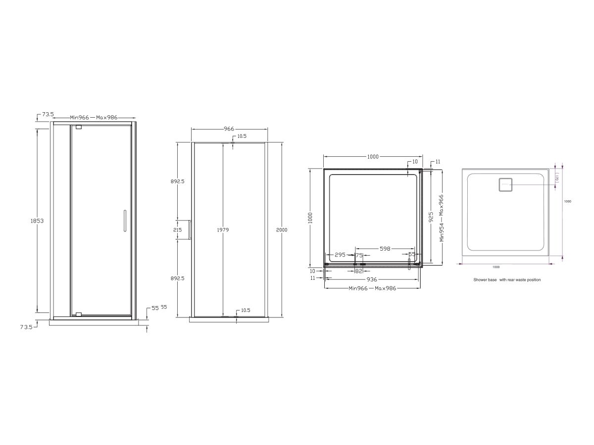 Base MKII Shower System with Rear Outlet 1000mm x 1000mm Chrome