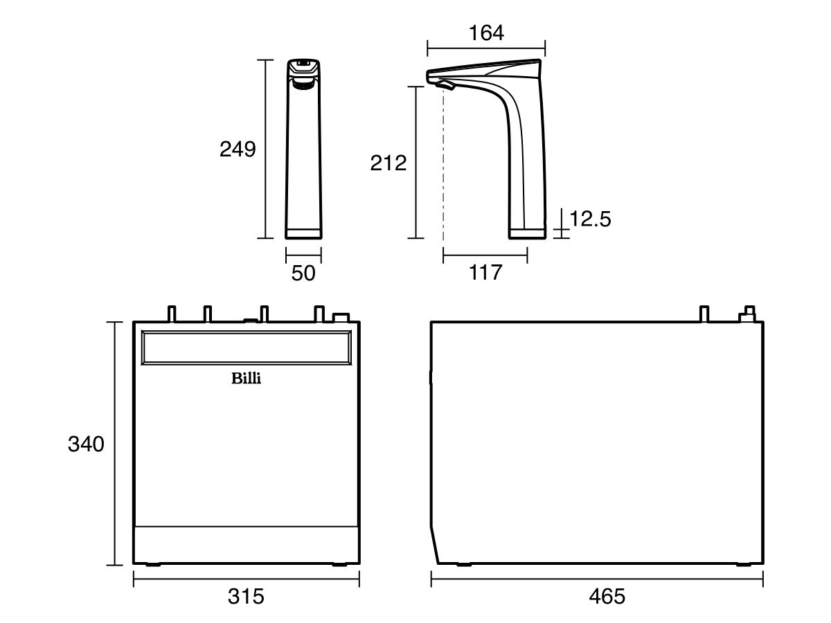 Technical Drawing - Billi Touch Motion Boiling Chilled Tap Quadra 420, 440, 460, 4100 and 4180