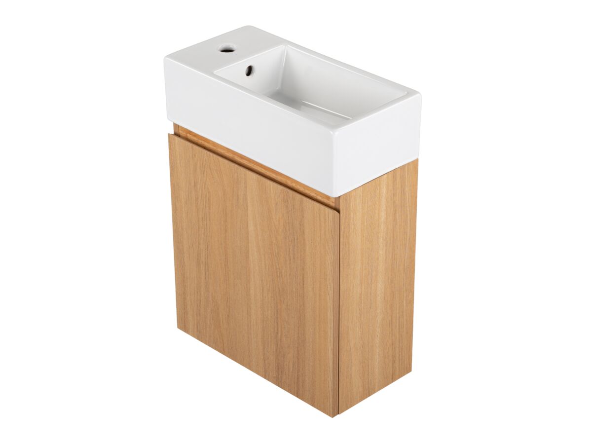 Supporting Image - Posh Solus Powder Room Vanity Unit Wall Mounted Right Hand Bowl 1 Taphole Oak Finish