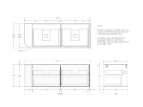 Technical Drawing - Kado Neue Fluted Single Curve All Drawer 1350mm Wall Hung Vanity with Double Basin Durasein 12mm Top