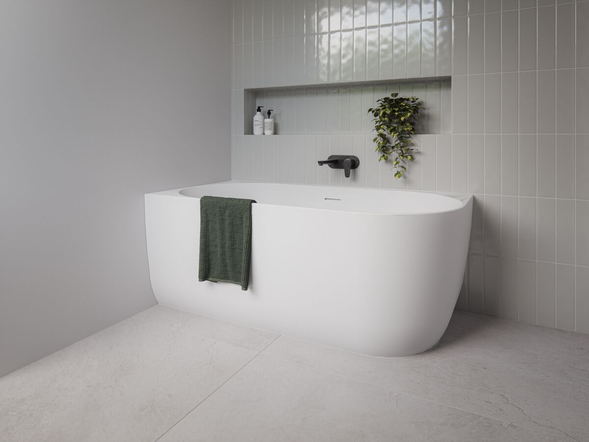 In Situ - Posh Solus Back to Corner Freestanding Bath 1500mm Left Corner with Overflow Matte White