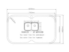 Cut Out Template - AFA Flow Double Bowl Undermount / Inset Sink 1 Taphole with Quick-Fit Clips 838 x 490mm Stainless Steel
