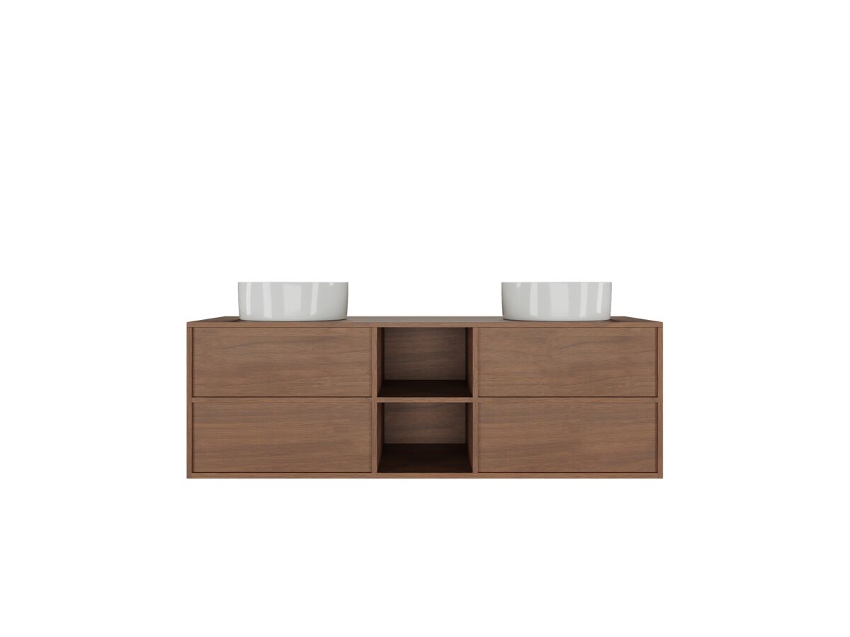 Supporting Image - Kado Aspect 1500mm Wall Hung Vanity Unit with Shelf Double Bowl Timber Top - Florentine Walnut