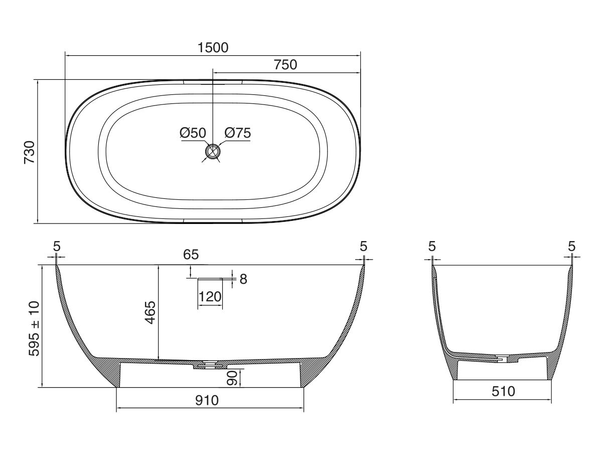 Kado Lussi Free Standing Bath Thin Edge 1500mm