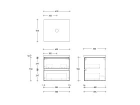 Technical Drawing - Posh Domaine 600mm Wall Hung Twin Vanity Unit All-Drawer 50mm Top