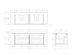 Technical Drawing - Kado Neue Fluted Double Curve All Drawer 1500mm Wall Hung Vanity with Double Basin Durasein 90mm Top