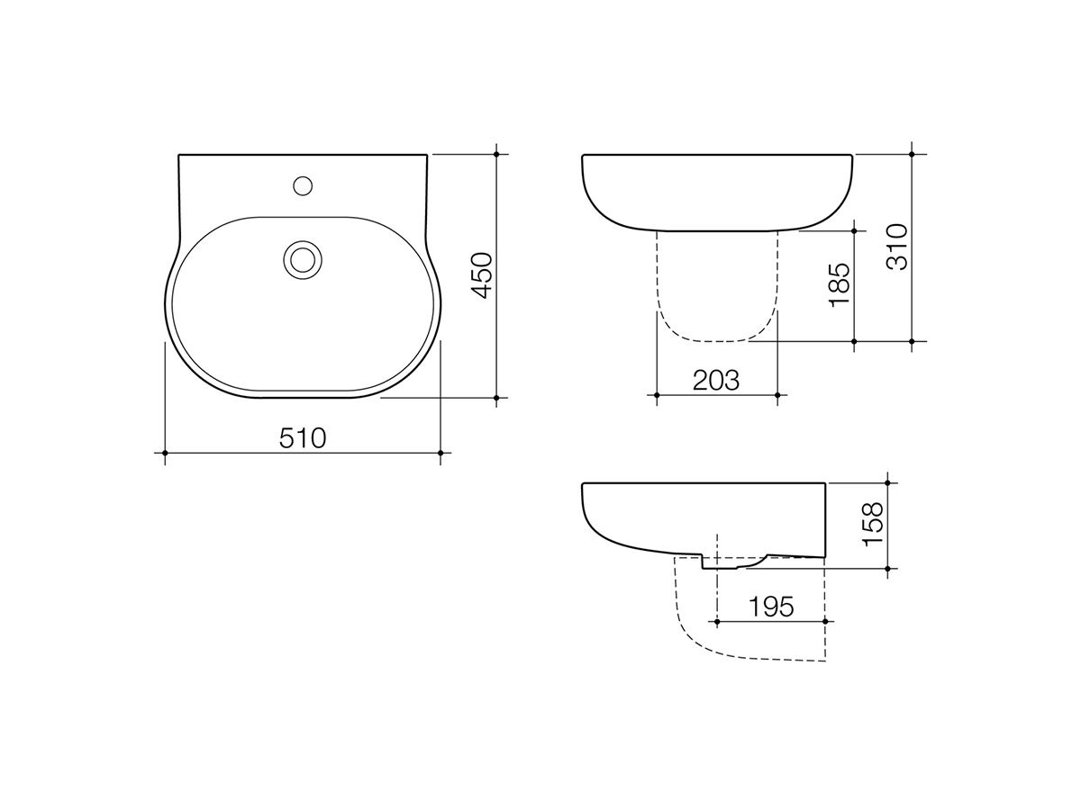 Opal Wall Basin without Overflow 3 Taphole 510mm White