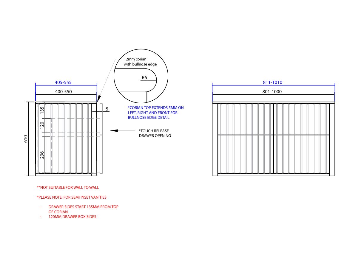 ISSY Custom Cloud II 801-1000mm x 400-550mm x 610mm Wall Hung Vanity Unit 4 Touch Latch Drawers Semi Inset (No Basin)