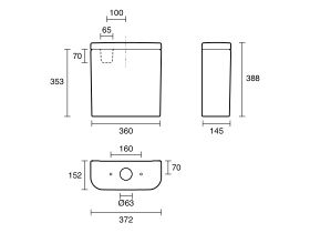 Technical Drawing - Roca The Gap Round Close Coupled Back to Wall Cistern (4 Star)
