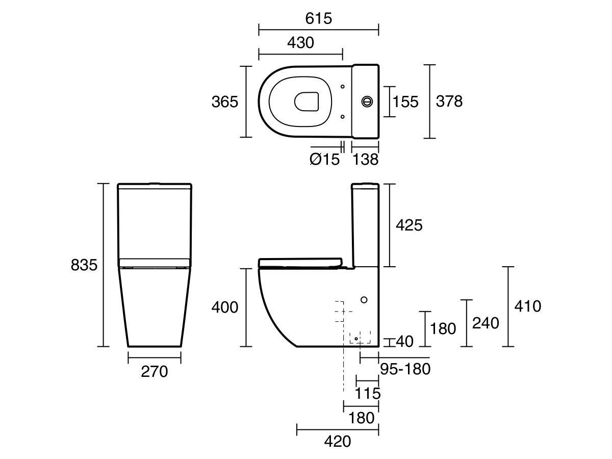 Technical Drawing - Posh Domaine Round Close Coupled Back to Wall Rimless Bottom Inlet Toilet Suite Thick Seat (4 Star)