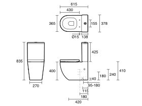 Technical Drawing - Posh Domaine Round Close Coupled Back to Wall Rimless Bottom Inlet Toilet Suite Thick Seat (4 Star)