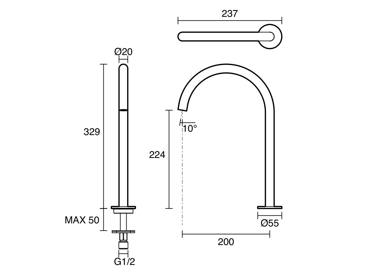 Technical Drawing - Mizu Extended Hob Swivel Outlet (5/6 Star) Lead Free