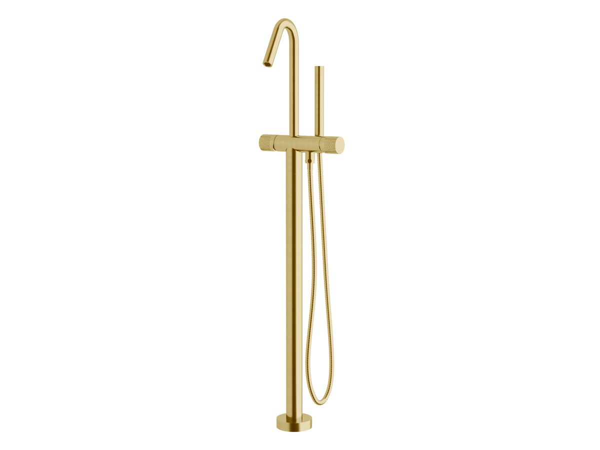 Sussex Pure Floor Mounted Bath Mixer Tap with Handshower and Diamond Textured Handle PVD Brushed Gold (3 Star)
