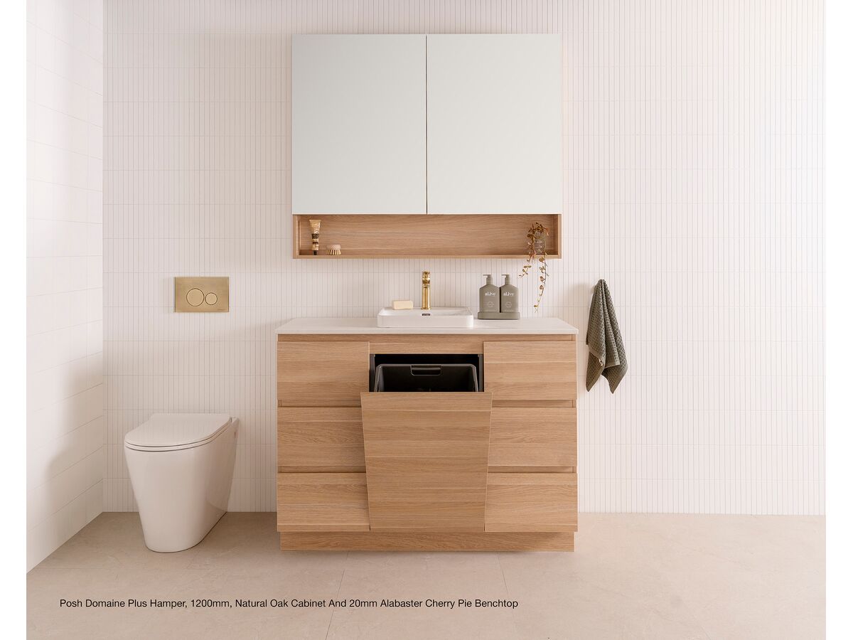 Posh Domaine Plus Hamper, 1200mm, Natural Oak Cabinet and 20mm Alabaster Cherry Pie benchtop