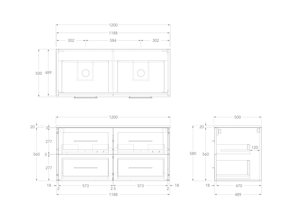 Kado Lux Wall Hung 1200mm 4 Drawer Double Bowl Vanity (No Basin)