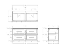 Kado Lux Wall Hung 1200mm 4 Drawer Double Bowl Vanity (No Basin)