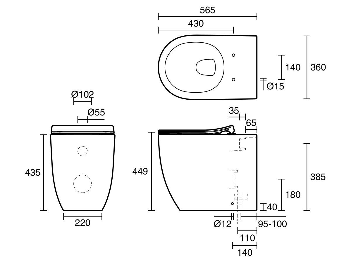 Technical Drawing - Kado Lussi Rimless Back to Wall Pan with Soft Quick Release Seat White (4 Star)