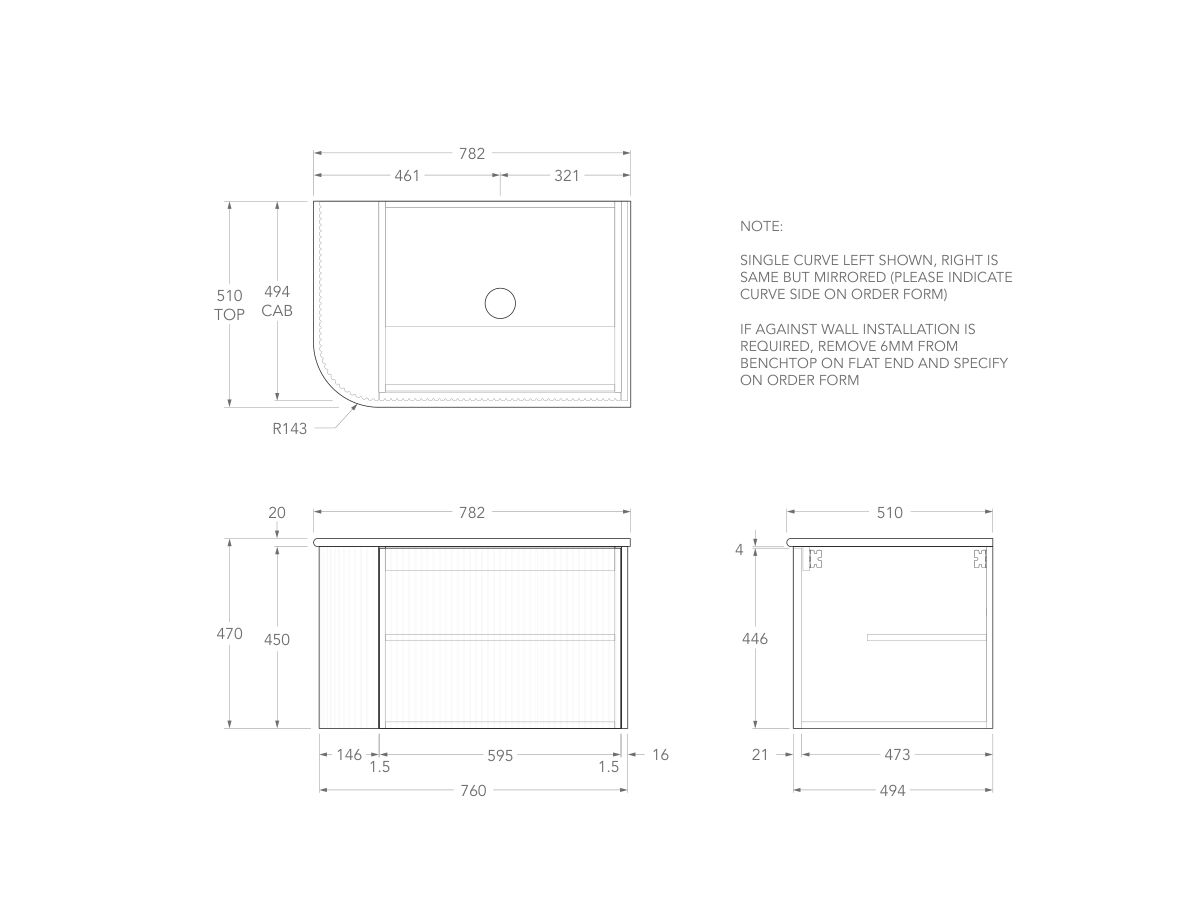 Technical Drawing - Kado Neue Fluted Single Curve All Door 750mm Wall Hung Vanity with Centre Basin 20mm Top