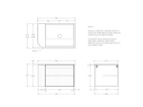 Technical Drawing - Kado Neue Fluted Single Curve All Door 750mm Wall Hung Vanity with Centre Basin 20mm Top